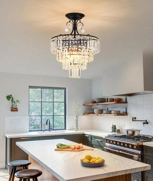 Kristallen Ronde Kroonluchter – Zwart Antiek Modern Design met K9 Kristallen – Dimbare Semi-Flush Plafondlamp voor Woonkamer en Eetkamer