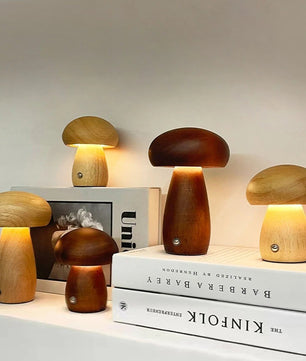 Houten Paddenstoel Nachtlampje – Oplaadbare Touch LED Tafellamp met Traploos Dimmen en 3 Lichtkleuren