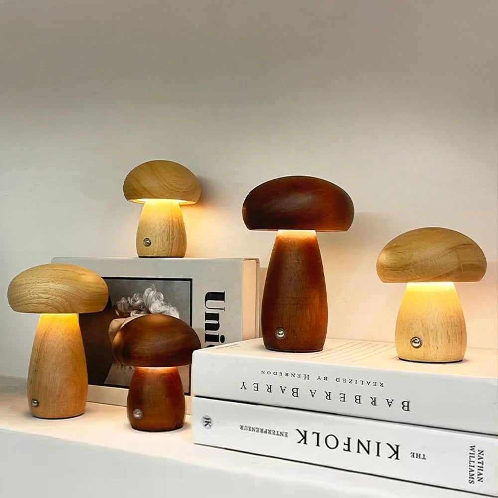 Houten Paddenstoel Nachtlampje – Oplaadbare Touch LED Tafellamp met Traploos Dimmen en 3 Lichtkleuren