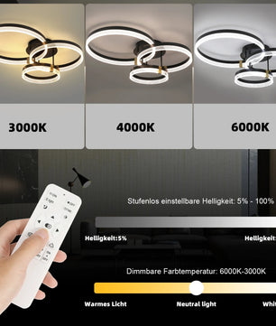 Moderne LED Plafondlamp – 3-Ring Design – 42W Dimbaar 3000K–6500K met Afstandsbediening – Zwarte Design Plafondverlichting voor Woonkamer en Slaapkamer