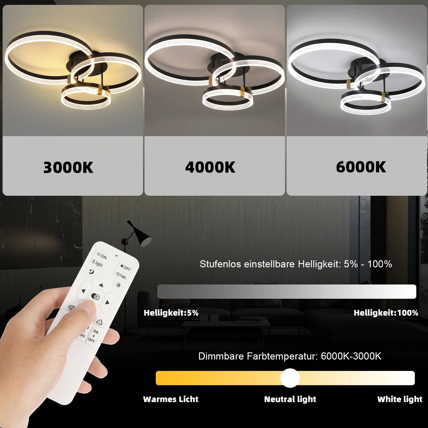 Moderne LED Plafondlamp – 3-Ring Design – 42W Dimbaar 3000K–6500K met Afstandsbediening – Zwarte Design Plafondverlichting voor Woonkamer en Slaapkamer
