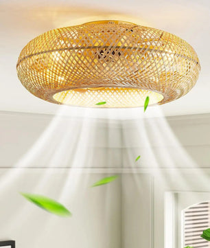 Bamboe LED Plafondventilator 50 cm – Moderne Ventilatorlamp met Intrekbare en Omkeerbare Bladen, Afstandsbediening en Stille Werking voor Woonkamer en Slaapkamer