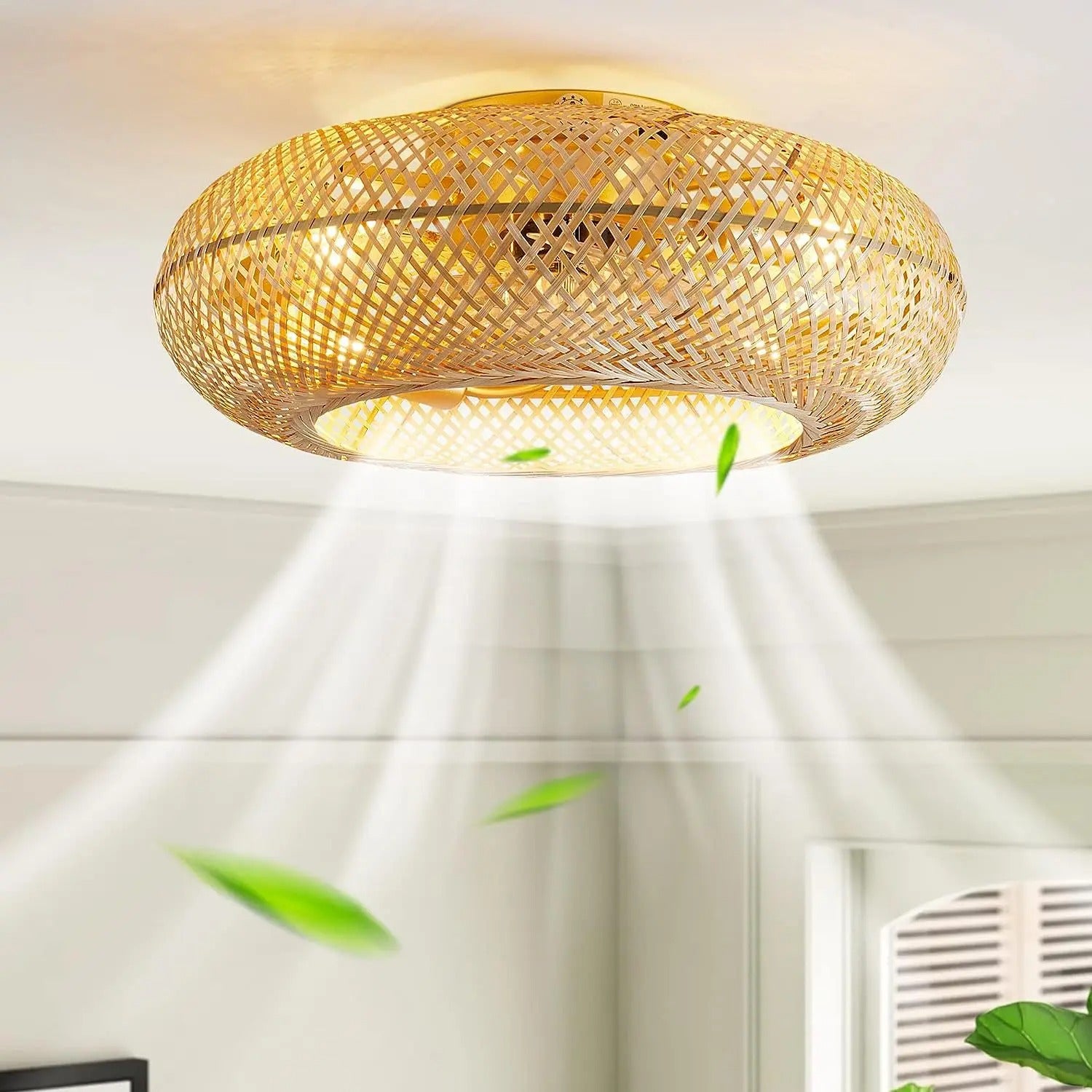 Bamboe LED Plafondventilator 50 cm – Moderne Ventilatorlamp met Intrekbare en Omkeerbare Bladen, Afstandsbediening en Stille Werking voor Woonkamer en Slaapkamer