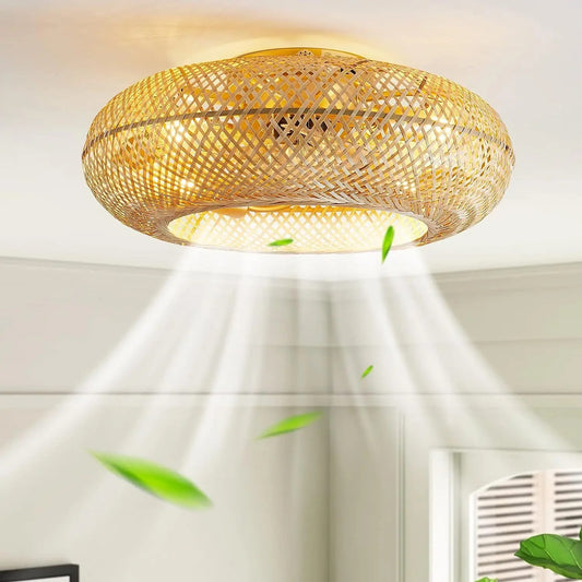 Bamboe LED Plafondventilator 50 cm – Moderne Ventilatorlamp met Intrekbare en Omkeerbare Bladen, Afstandsbediening en Stille Werking voor Woonkamer en Slaapkamer