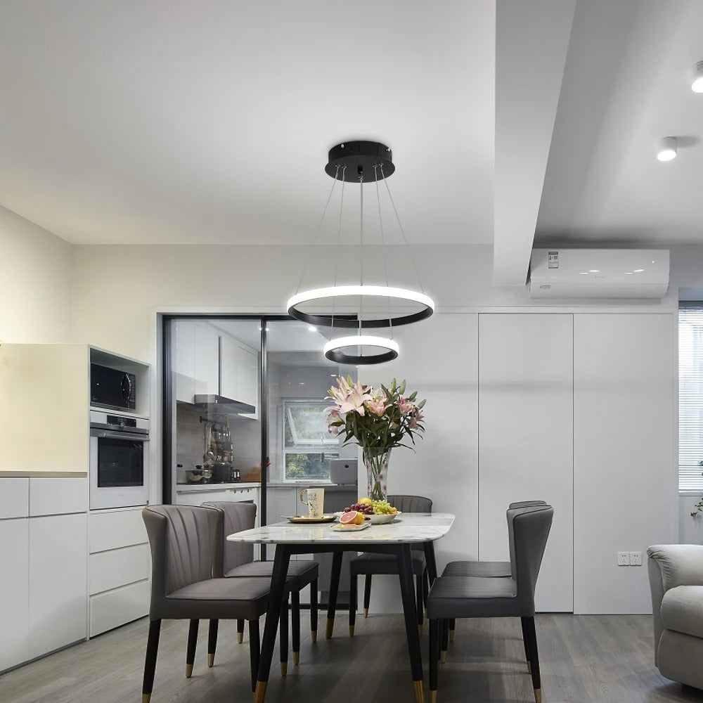 Moderne LED Hanglamp met 2 Ringen – Zwarte Plafondlamp 32W met Helder Wit Licht (6500K)
