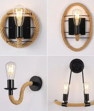 Retro Industriële Wandlamp met Henneptouw – IJzeren Wandverlichting E27 voor Woonkamer en Slaapkamer