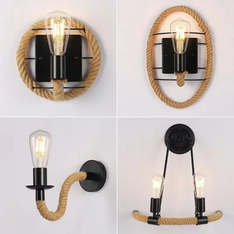 Retro Industriële Wandlamp met Henneptouw – IJzeren Wandverlichting E27 voor Woonkamer en Slaapkamer