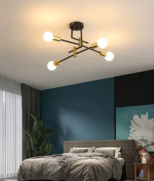Industriële Kroonluchter Sputnik Ø70 cm – Vintage Plafondlamp 4-Lichts – Metaal Zwart met Goudaccenten – E27