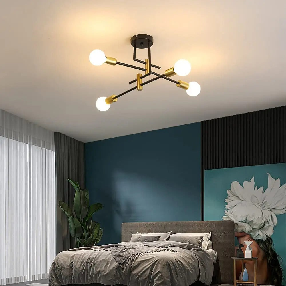 Industriële Kroonluchter Sputnik Ø70 cm – Vintage Plafondlamp 4-Lichts – Metaal Zwart met Goudaccenten – E27