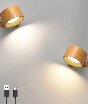 Houten LED Wandlamp – Draadloos Oplaadbaar met Touch Dimming en 360° Draaibare Kop