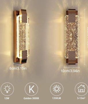 Moderne LED Wandlamp 38 cm – Gouden Wandverlichting met Kristallen Kap – 12W Warm Wit Licht 3000K voor Woonkamer, Hal & Slaapkamer