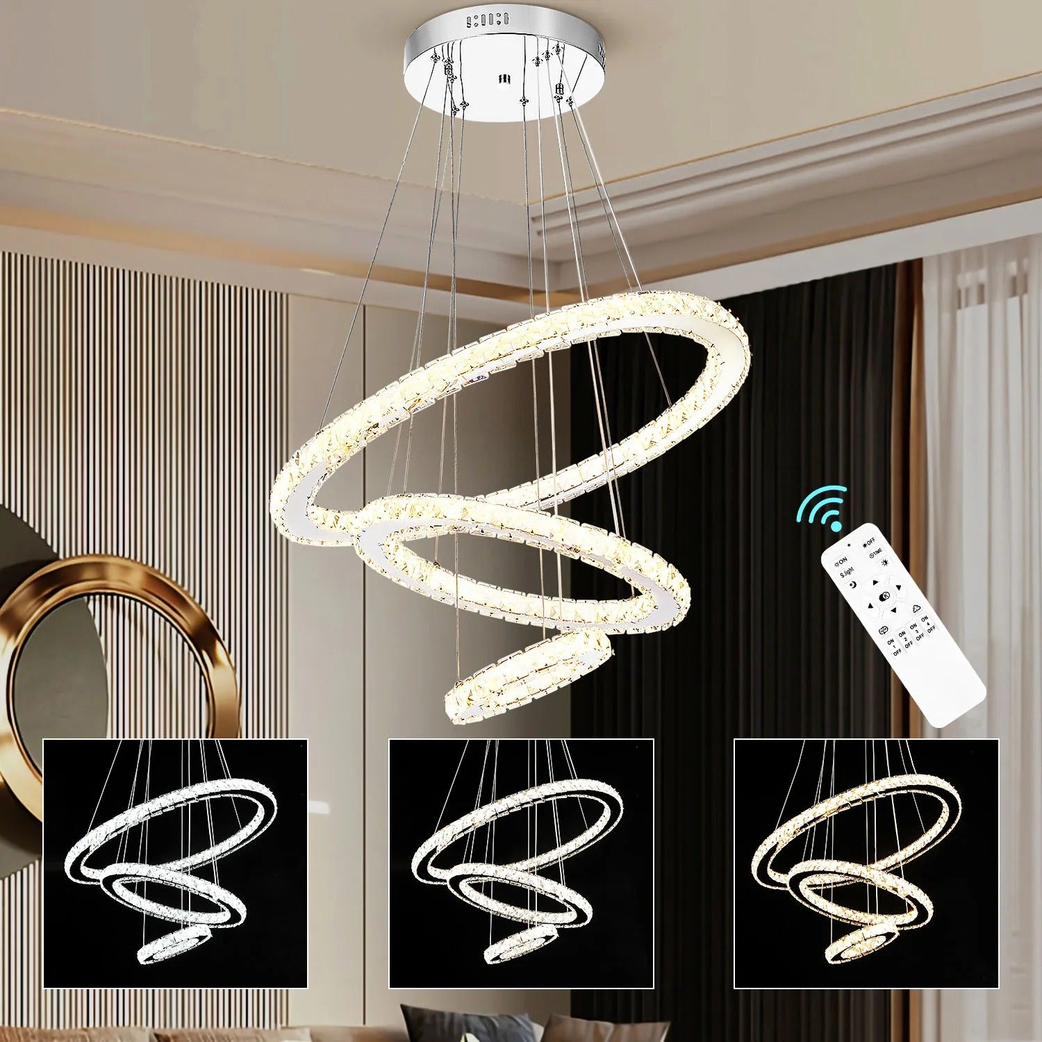 Moderne Kristallen LED Hanglamp – 3 Ringen Ø60+40+20 cm – 60W Dimbaar en In Hoogte Verstelbaar met Afstandsbediening voor Woonkamer en Eetkamer