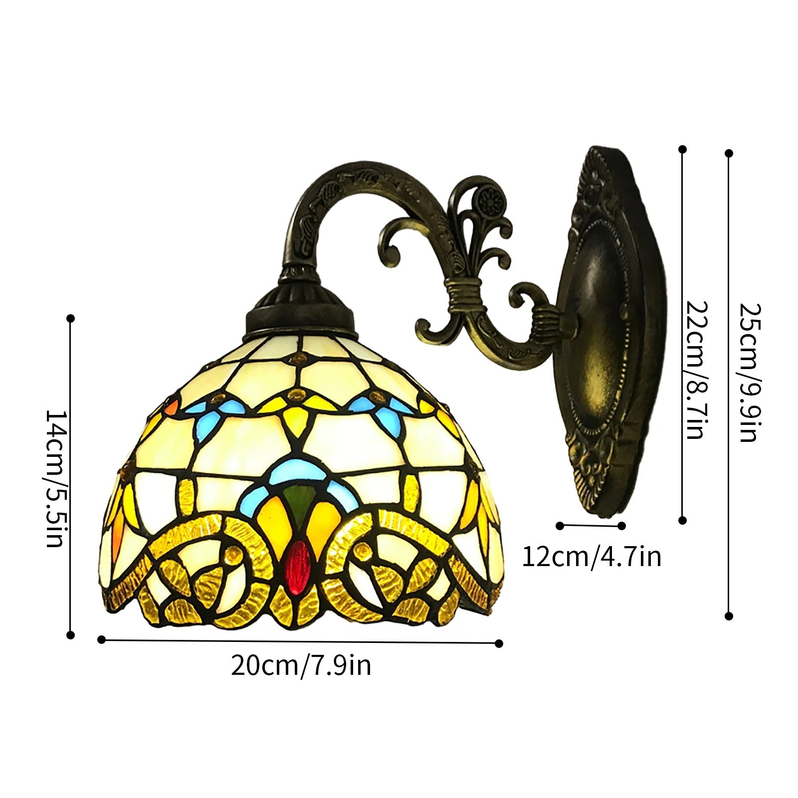 Tiffany Wandlamp Glas-in-Lood – Vintage Victoriaanse Wandverlichting van Glas en Metaal – E27 Wandlamp 25 cm voor Woonkamer & Slaapkamer
