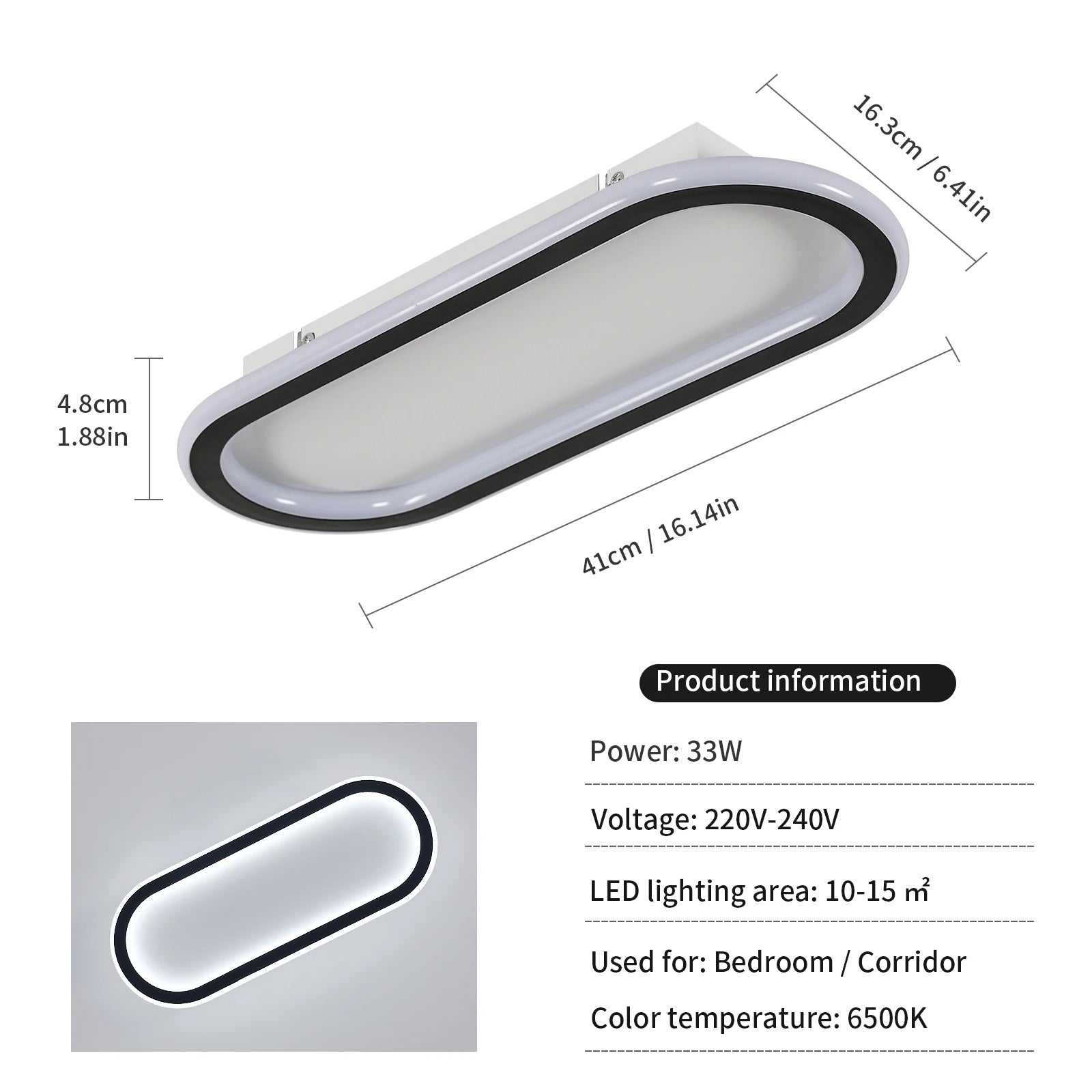 Ultradunne LED Plafondlamp 33W – Zwart Wit Design 41 cm – Koel Wit 6500K – 3712 Lumen – Slechts 4,8 cm Hoog