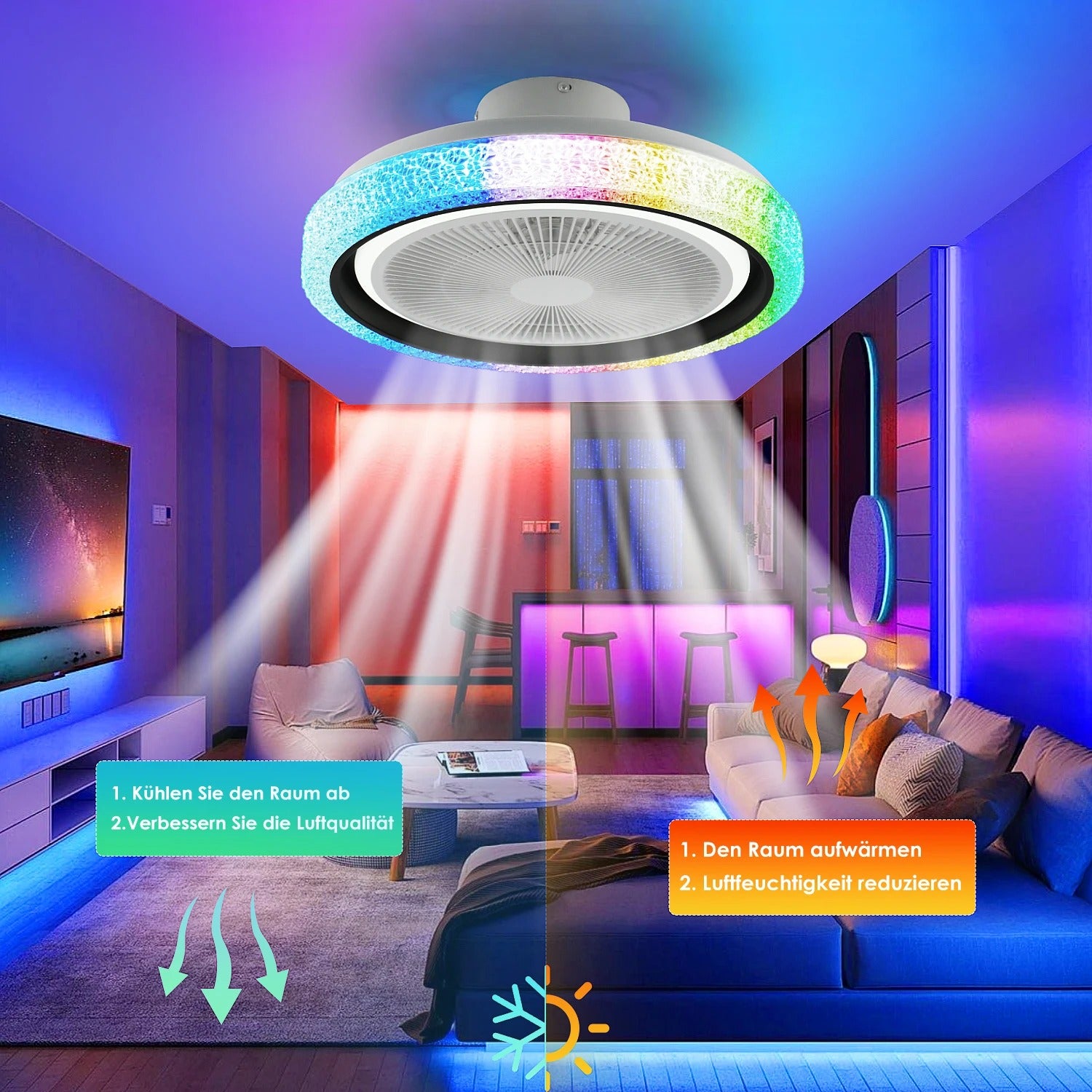 50W Bluetooth LED Plafondventilator met RGB Verlichting en Muziekfunctie – Dimbare Ventilatorlamp met Speaker, App en Afstandsbediening voor Woonkamer en Slaapkamer