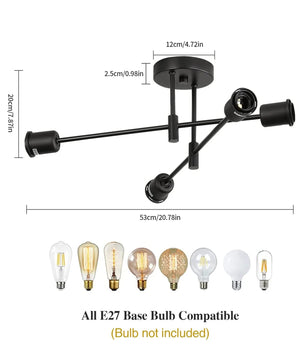 Vintage Zwarte Plafondlamp – 4-lichts Retro Kroonluchter van Metaal met E27 Fitting – Nieuw Klassiek Design voor Woonkamer & Eetkamer