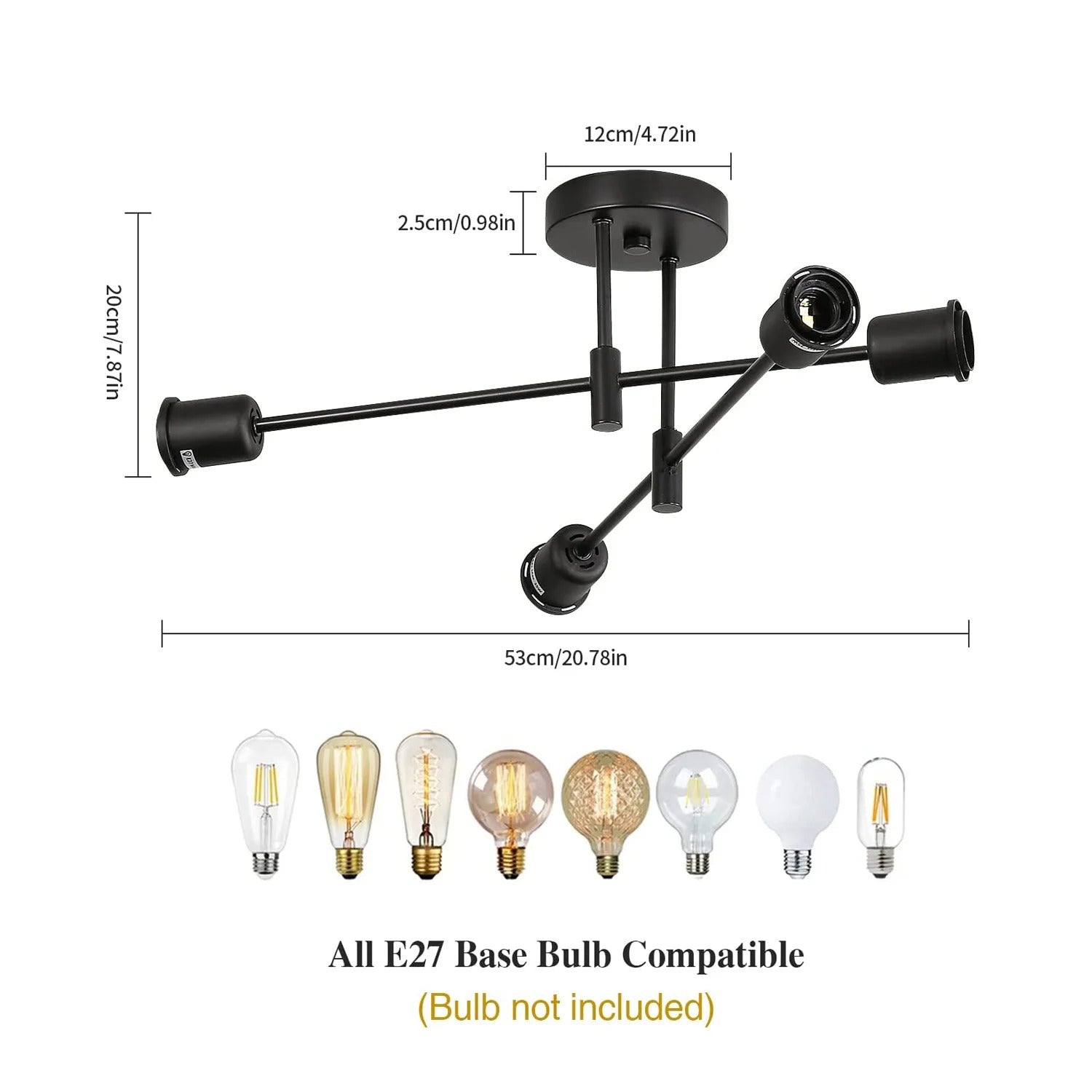 Vintage Zwarte Plafondlamp – 4-lichts Retro Kroonluchter van Metaal met E27 Fitting – Nieuw Klassiek Design voor Woonkamer & Eetkamer