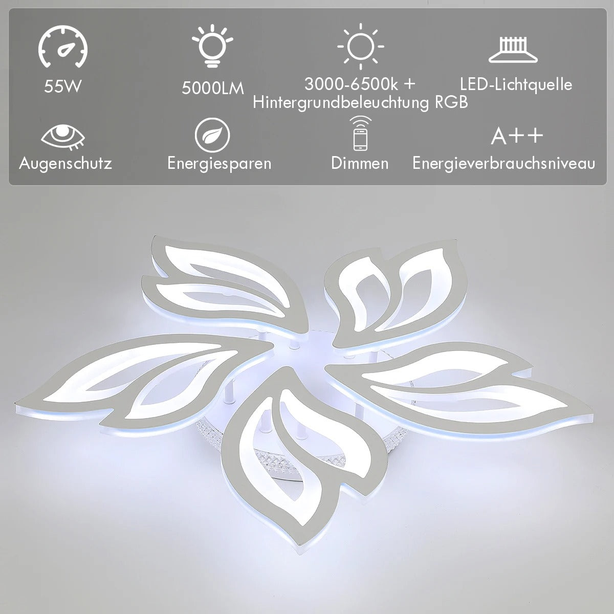 Moderne LED Plafondlamp 55W met RGB Achtergrondverlichting – Dimbaar met Afstandsbediening – Bloemdesign 60×60 cm – Wit