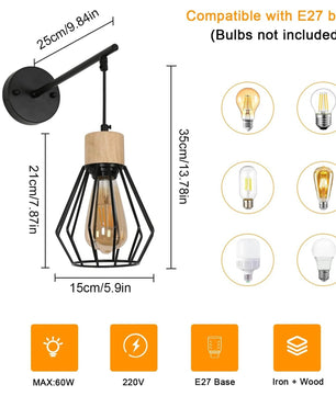 Vintage Industriële Wandlamp – Zwart Metalen Wandverlichting met Houtaccent en E27 Fitting – Retro Design voor Interieur
