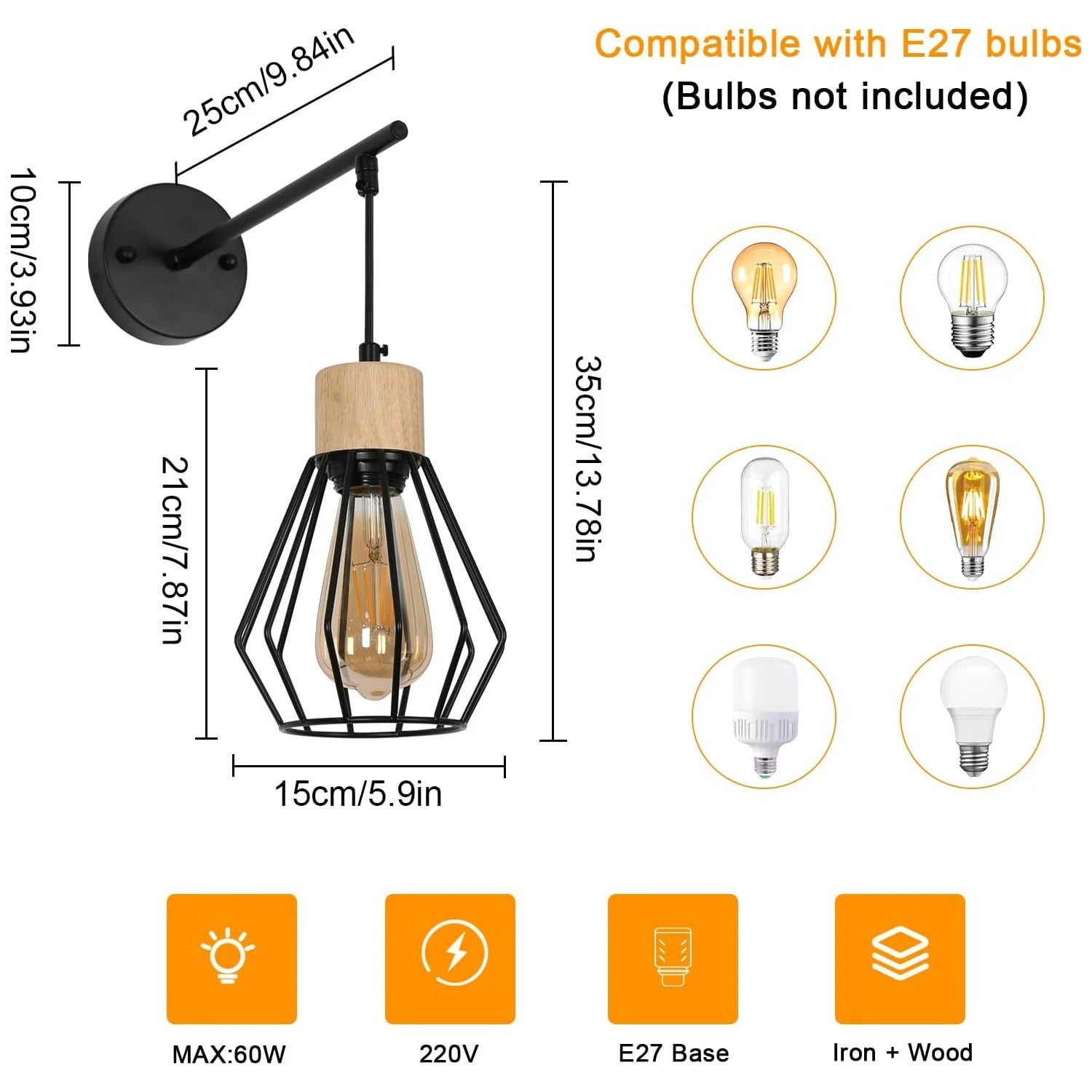 Vintage Industriële Wandlamp – Zwart Metalen Wandverlichting met Houtaccent en E27 Fitting – Retro Design voor Interieur