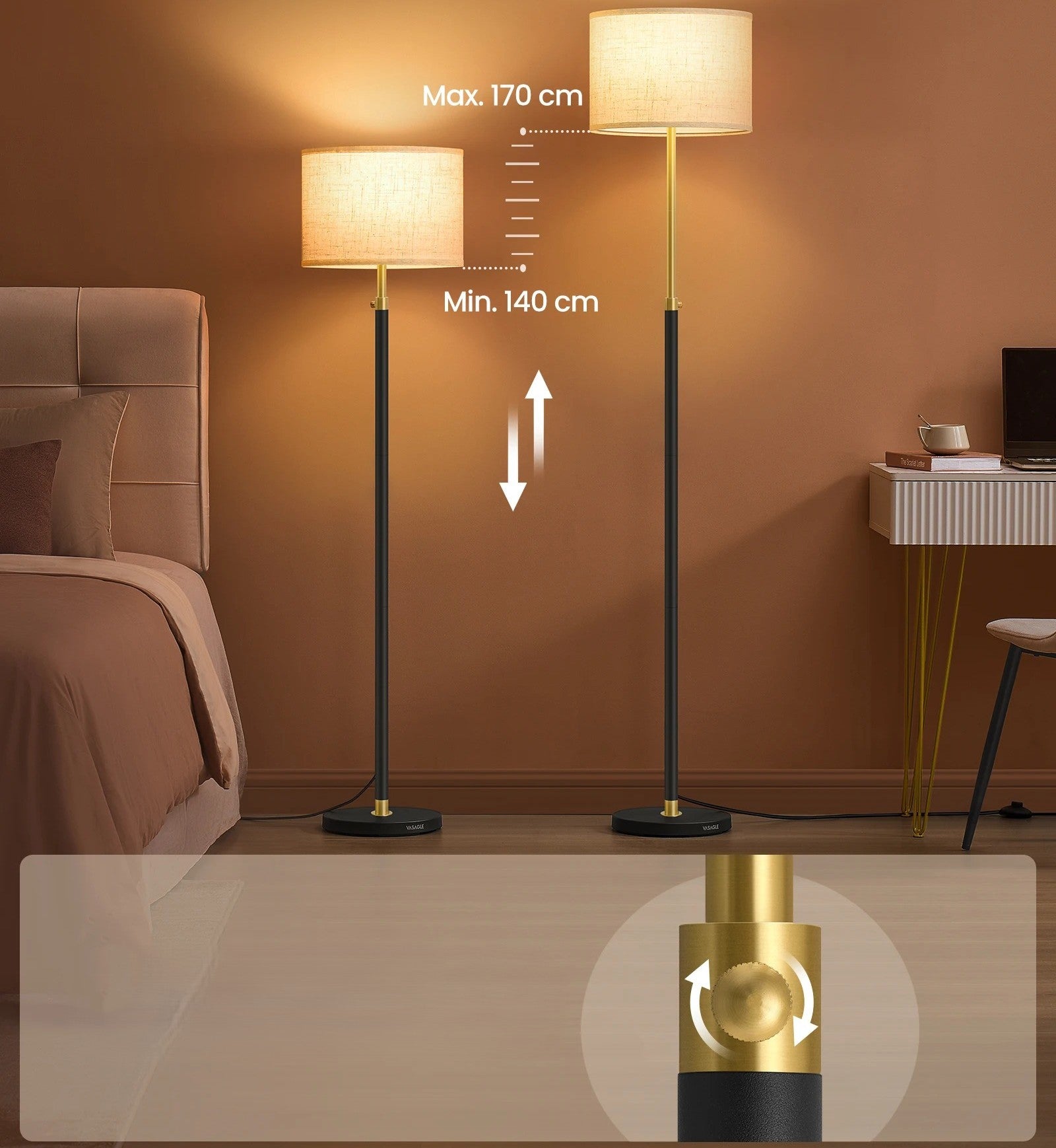 In Hoogte Verstelbare Vloerlamp – Moderne Staande Lamp met Stoffen Kap – LED E27 Inclusief voor Woonkamer en Leeshoek