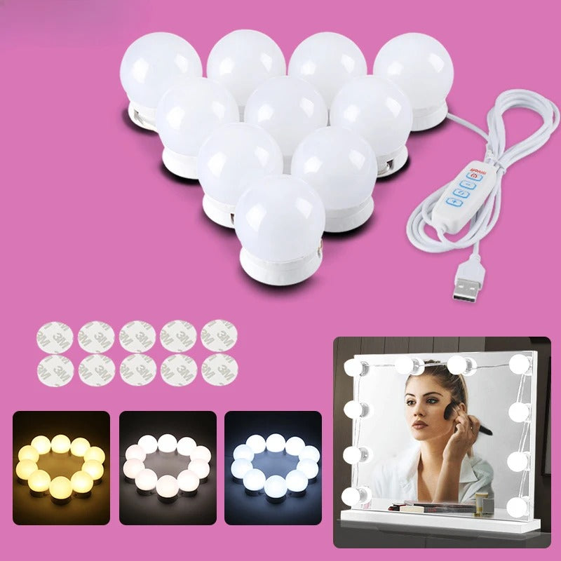 Hollywood LED Make-up Spiegelverlichting – 3 Kleurstanden, USB Aangedreven & Traploos Dimbaar – Professionele Vanity Verlichting voor Spiegel en Make-uptafel