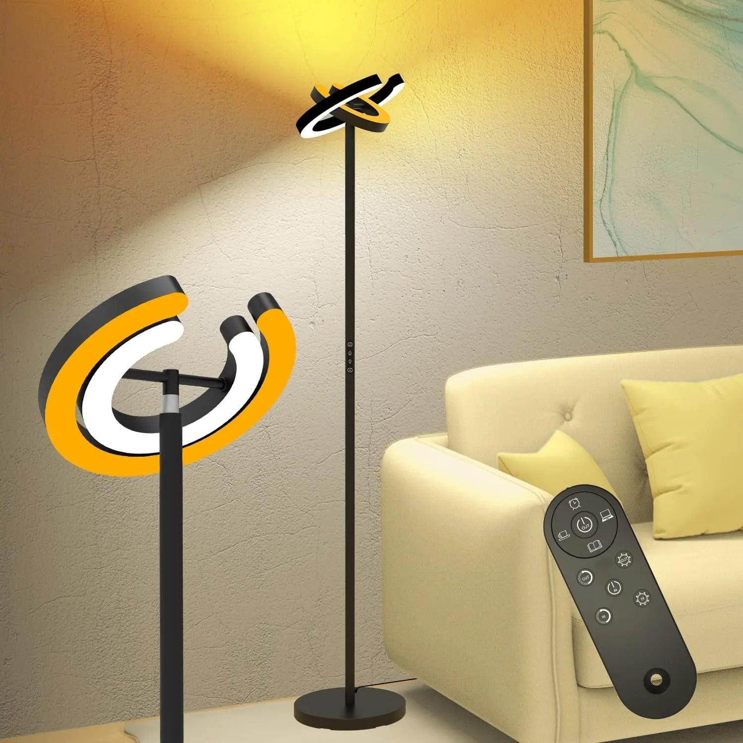 Moderne LED Vloerlamp met 2 Draaibare Ringen – 1,9 m Staande Lamp met Traploos Dimmen en Afstandsbediening – Sfeerverlichting en Leeslamp voor Woonkamer en Slaapkamer