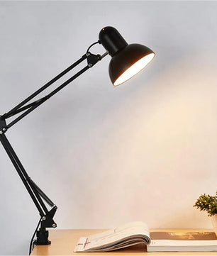Flexibele Bureaulamp met Zwenkarm en Tafelklem – Zwarte Metalen Werklamp met E27/E26 Fitting voor Kantoor en Studio