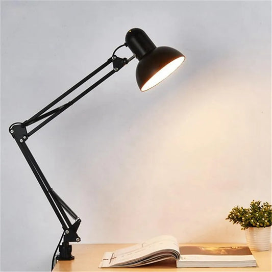 Flexibele Bureaulamp met Zwenkarm en Tafelklem – Zwarte Metalen Werklamp met E27/E26 Fitting voor Kantoor en Studio