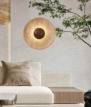 Moderne Natuursteen Wandlamp 25 cm – Sfeervolle Blaker met Donker Houten Basis – Luxe Wandverlichting voor Foyer, Eetkamer en Slaapkamer