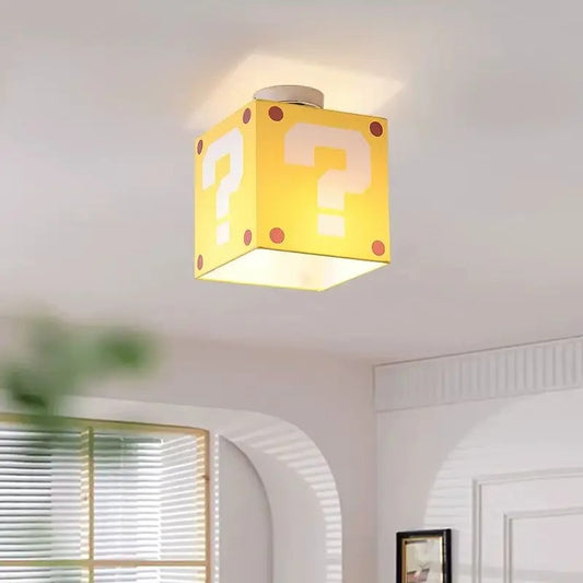 Gele Vraagteken Plafondlamp – Creatieve Kinderkamerlamp van Stof en Smeedijzer – E27 – 3 Lichtkleuren, Optioneel met Afstandsbediening
