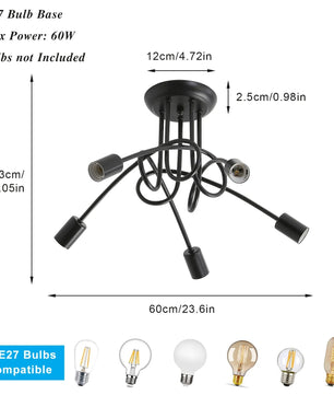 Moderne Zwarte Spoetnik Kroonluchter – 5-Lichts Plafondlamp met E27 Fittingen in Mid-Century Stijl