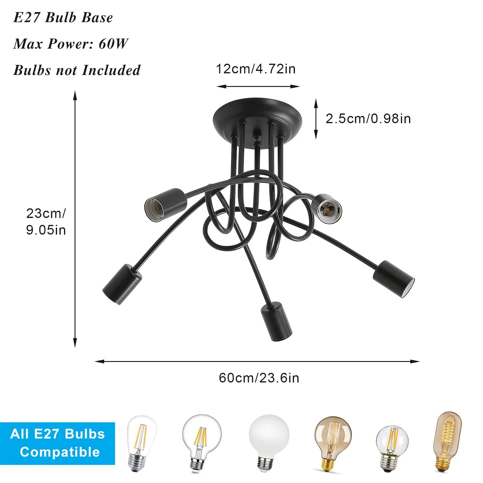 Moderne Zwarte Spoetnik Kroonluchter – 5-Lichts Plafondlamp met E27 Fittingen in Mid-Century Stijl
