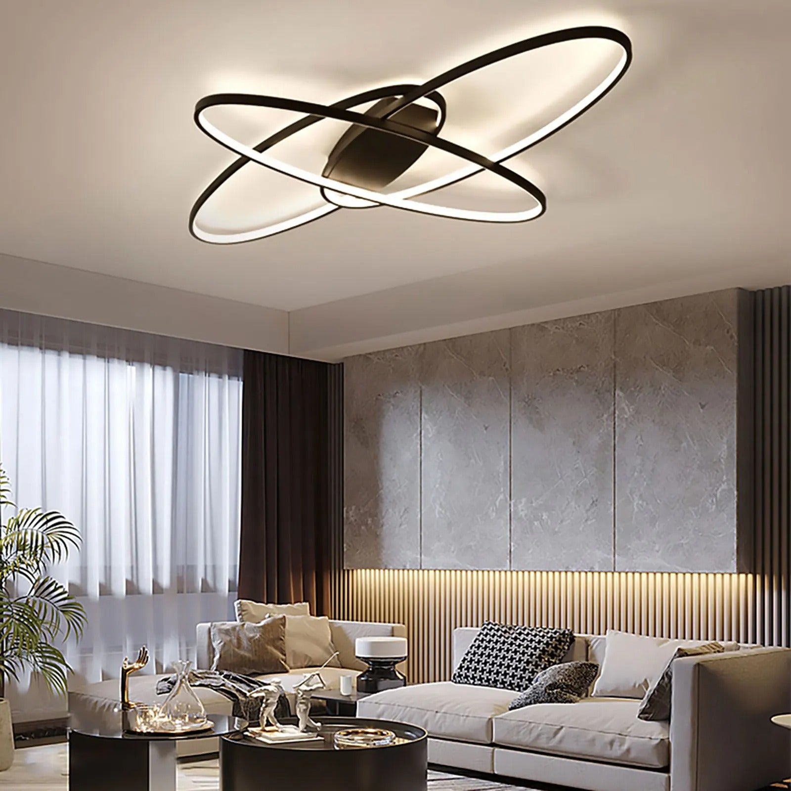 Moderne Geometrische LED Plafondlamp – 70W Zwart – Dimbaar met Afstandsbediening – Ellips Design voor Woonkamer en Slaapkamer
