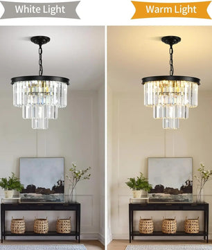 Moderne Zwarte Kristallen Kroonluchter – 3-Laags Ronde Hanglamp met Verstelbare Ketting en E14 Fitting