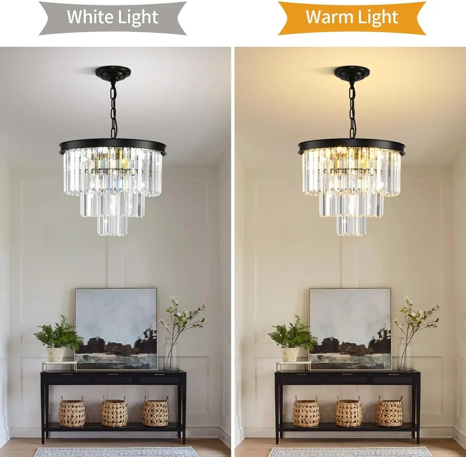 Moderne Zwarte Kristallen Kroonluchter – 3-Laags Ronde Hanglamp met Verstelbare Ketting en E14 Fitting