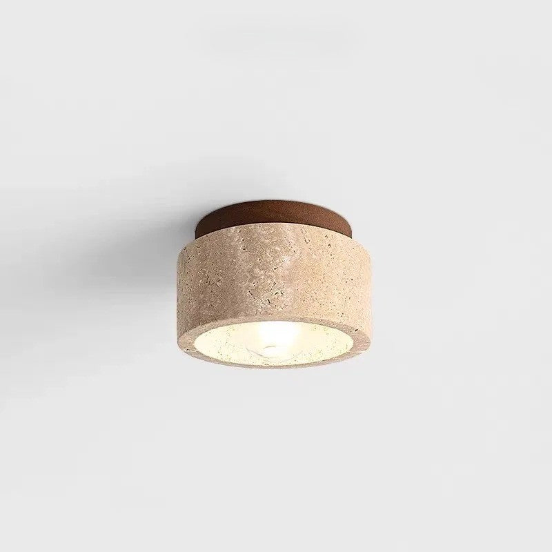 Japanse Stijl LED Plafondlamp – Ronde Opbouwlamp van Steen en Hout – Minimalistische LED Binnenverlichting voor Woonkamer en Gang