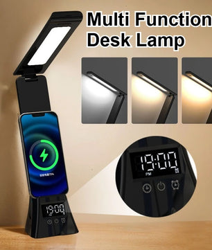 Multifunctionele LED Bureaulamp – Dimbaar met Draadloze Oplader, USB-Poort en Digitale Klok – 3 Lichtkleuren