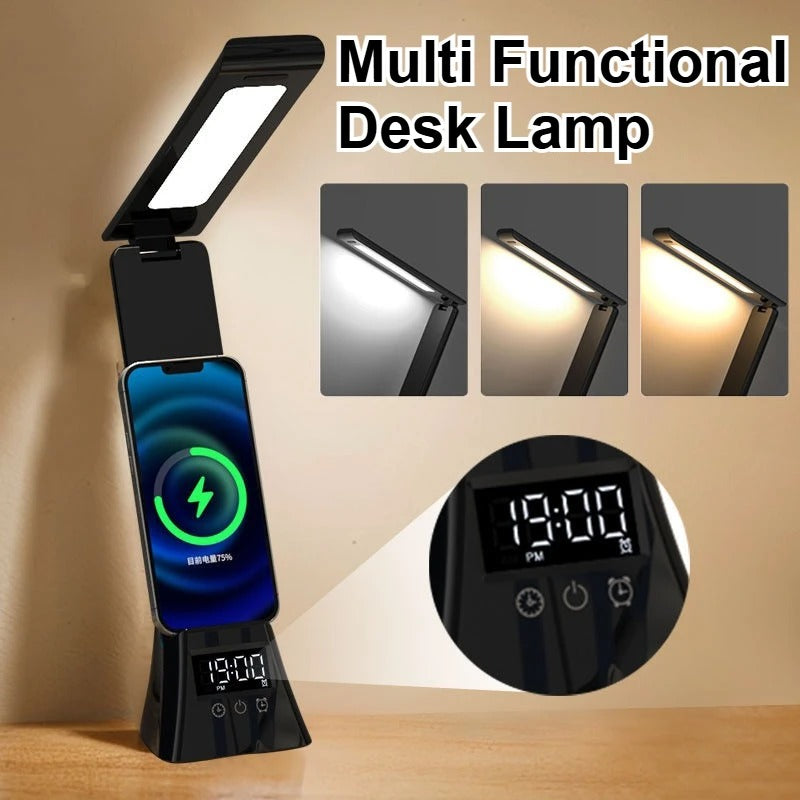 Multifunctionele LED Bureaulamp – Dimbaar met Draadloze Oplader, USB-Poort en Digitale Klok – 3 Lichtkleuren