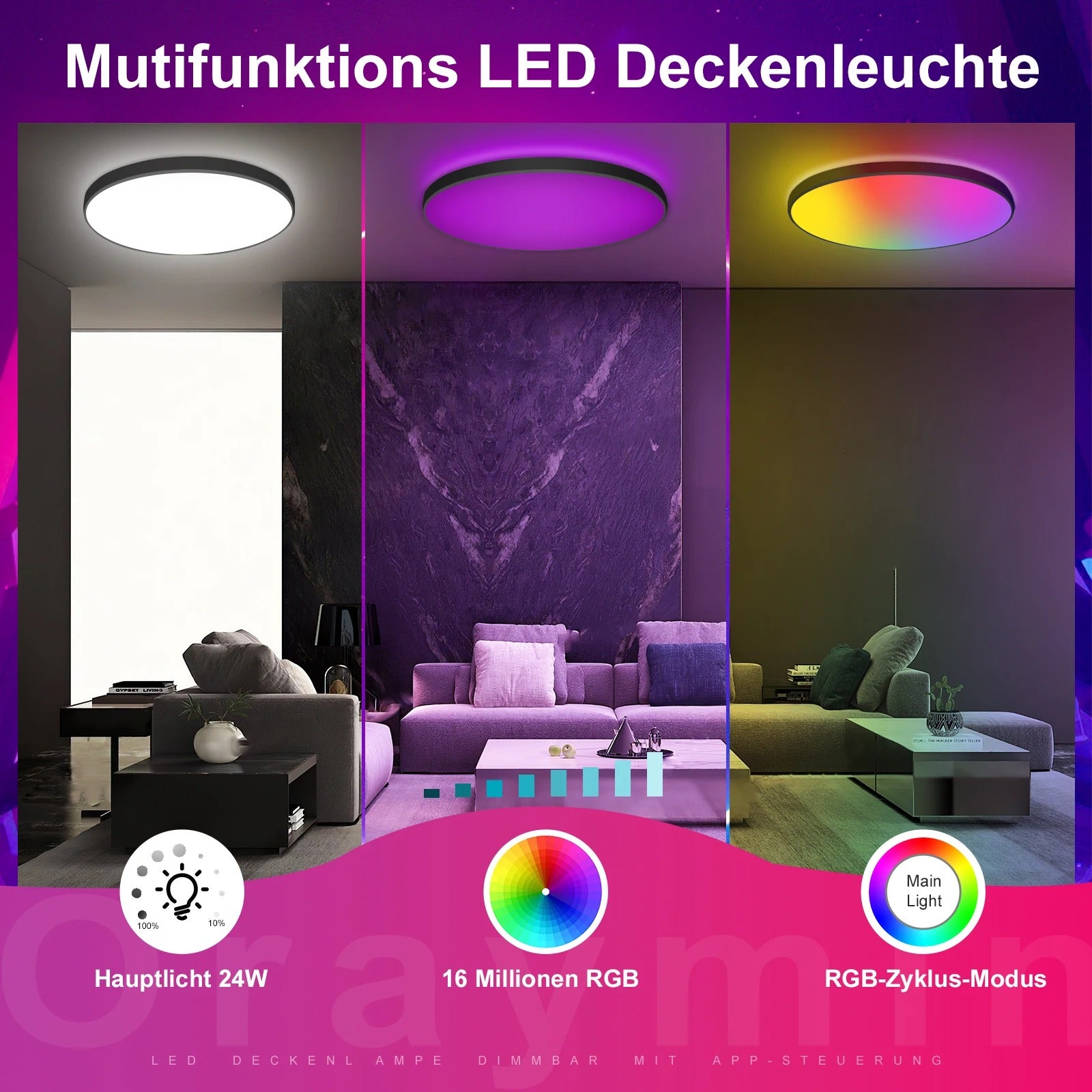 Slimme LED Plafondlamp Ø30 cm – 24W RGB met App en Afstandsbediening – Dimbaar 2700K–6500K voor Woonkamer en Slaapkamer