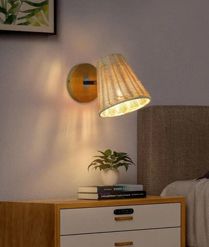 Retro Rotan Wandlamp – Handgeweven Bohemian Wandverlichting met Schakelaar en LED