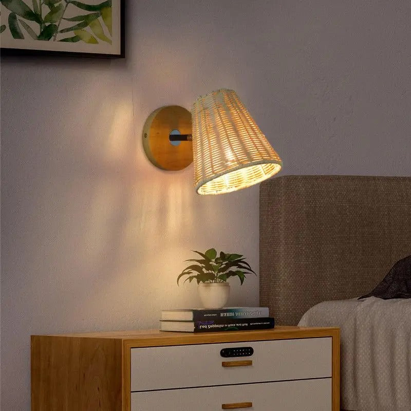 Retro Rotan Wandlamp – Handgeweven Bohemian Wandverlichting met Schakelaar en LED