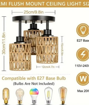 Handgemaakte Rotan Plafondlamp – Boho Geweven Kroonluchter van Rotan en Hennep – E27 Fitting voor Woonkamer, Eetkamer en Slaapkamer
