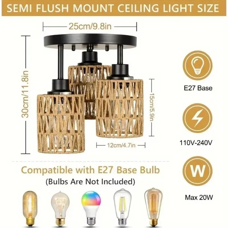 Handgemaakte Rotan Plafondlamp – Boho Geweven Kroonluchter van Rotan en Hennep – E27 Fitting voor Woonkamer, Eetkamer en Slaapkamer