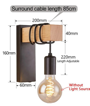 Retro Industriële Houten Wandlamp – Verstelbare E27 Wandverlichting van Hout en IJzer voor Woonkamer en Slaapkamer