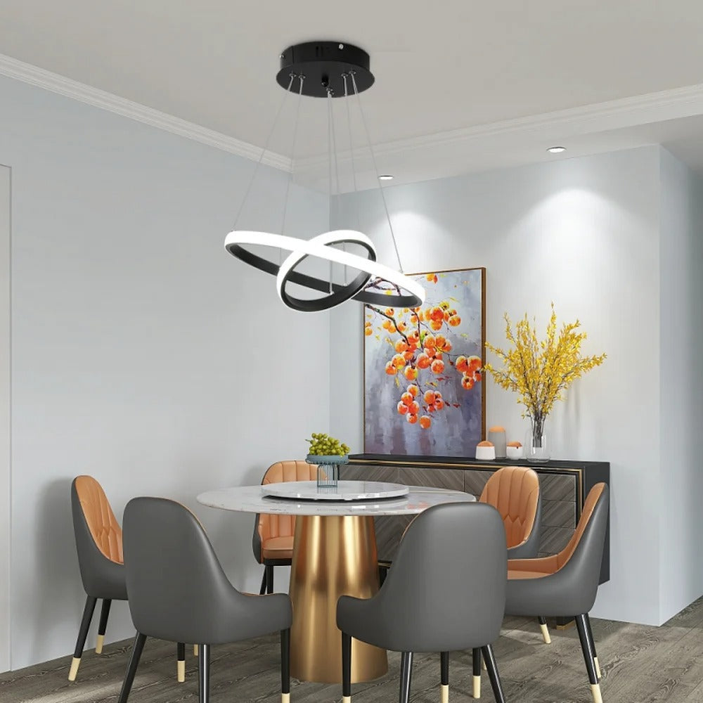 2-Ring Zwarte Hanglamp – Moderne LED Plafondlamp van Aluminium met Dubbele Ronde Ringen – 27W Koud Wit Licht 6500K voor Woonkamer en Eetkamer