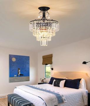 Kristallen Ronde Kroonluchter – Zwart Antiek Modern Design met K9 Kristallen – Dimbare Semi-Flush Plafondlamp voor Woonkamer en Eetkamer