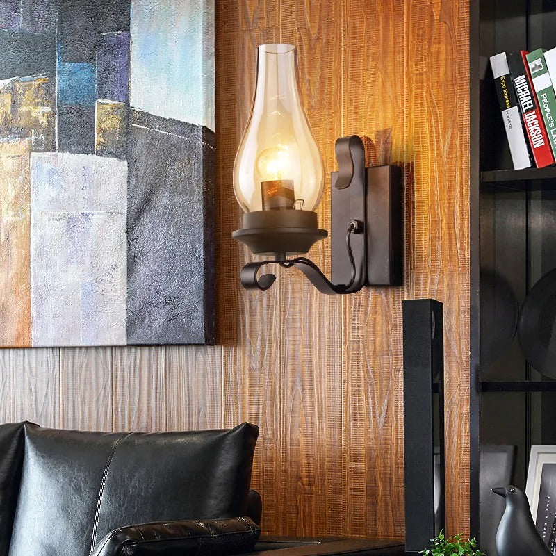 Retro Industriële Wandlamp van IJzer en Glas – Vintage Kerosine Stijl Wandlamp met E27 Fitting voor Café, Hotel, Slaapkamer en Loft