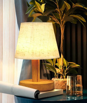 Stoffen Tafellamp met Houten Basis – LED Sfeerlamp in Japans Design met 3 Lichtkleuren voor Slaapkamer en Woonkamer