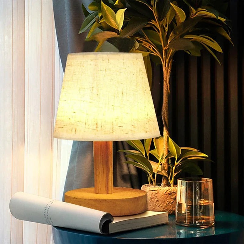 Stoffen Tafellamp met Houten Basis – LED Sfeerlamp in Japans Design met 3 Lichtkleuren voor Slaapkamer en Woonkamer